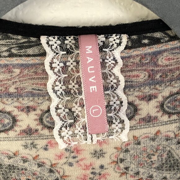 Mauve Paisley Open Long Cardigan Women's L Kimono Sleeve Fringe Hem Boho Hippie - Picture 5 of 8